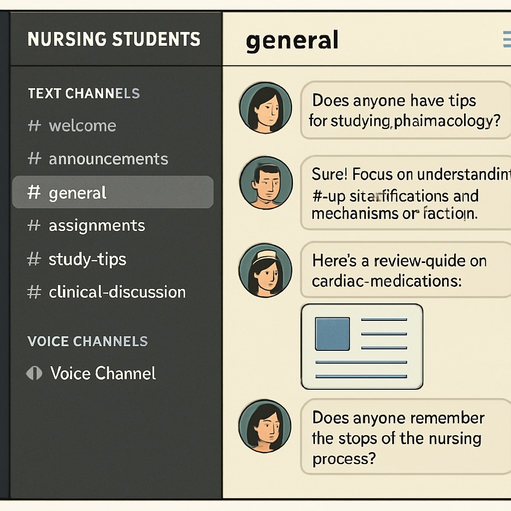 Screenshot of a Discord server specifically for nursing students, showing well-organized channels and active discussions about educational topics. Discord server for nursing students study groups