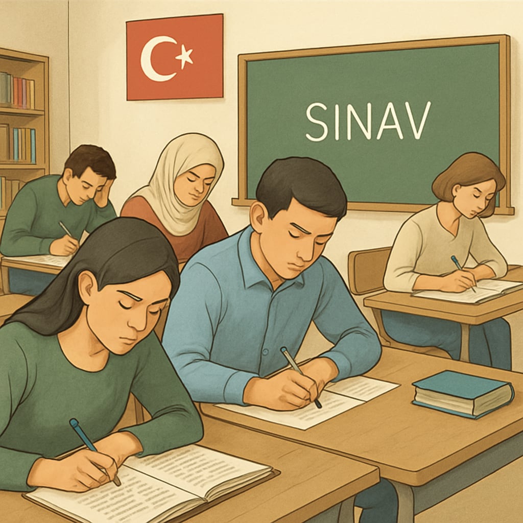 A classroom in Turkey with students preparing for exams, highlighting the intense focus on rote learning. Students in a Turkish classroom preparing for high-stakes exams.