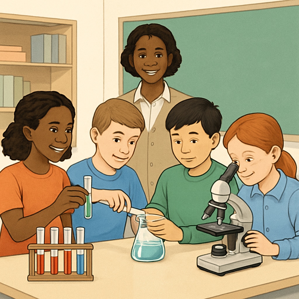 A diverse group of students actively participating in a science experiment, highlighting collaboration and inclusivity. ELL students conducting a science experiment together, fostering inclusivity.