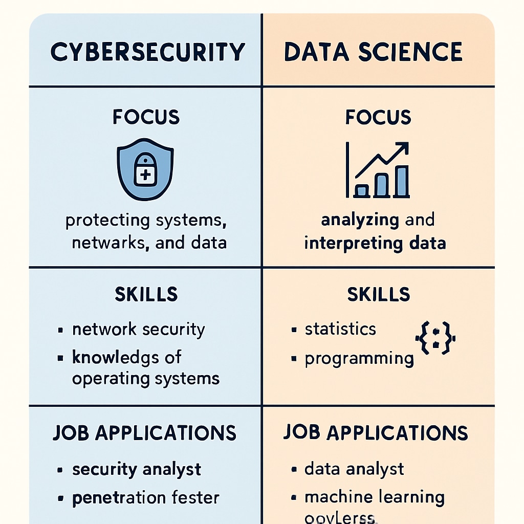 A visual comparison chart highlighting the key differences between cybersecurity and data science, including focus areas, necessary skills, and job applications. Key differences between cybersecurity and data science visualized in a chart.