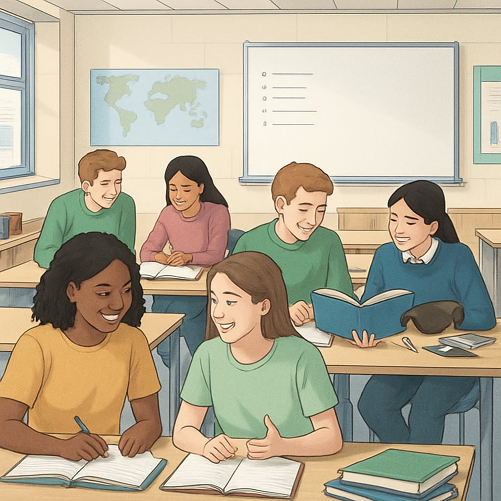 A UK classroom where students are engaged in collaborative learning, reflecting the flexibility of the A Level system. UK students collaborating in a classroom under the A Level framework.