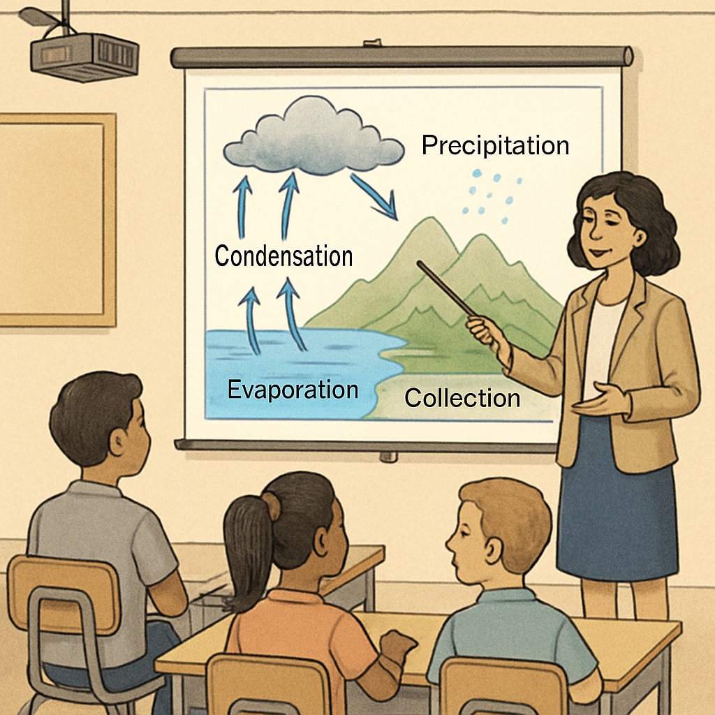 A teacher using a projector to display a simplified diagram of the water cycle with labeled parts, engaging ELLs in the lesson. Science teacher using visual aids to teach ELLs about the water cycle.