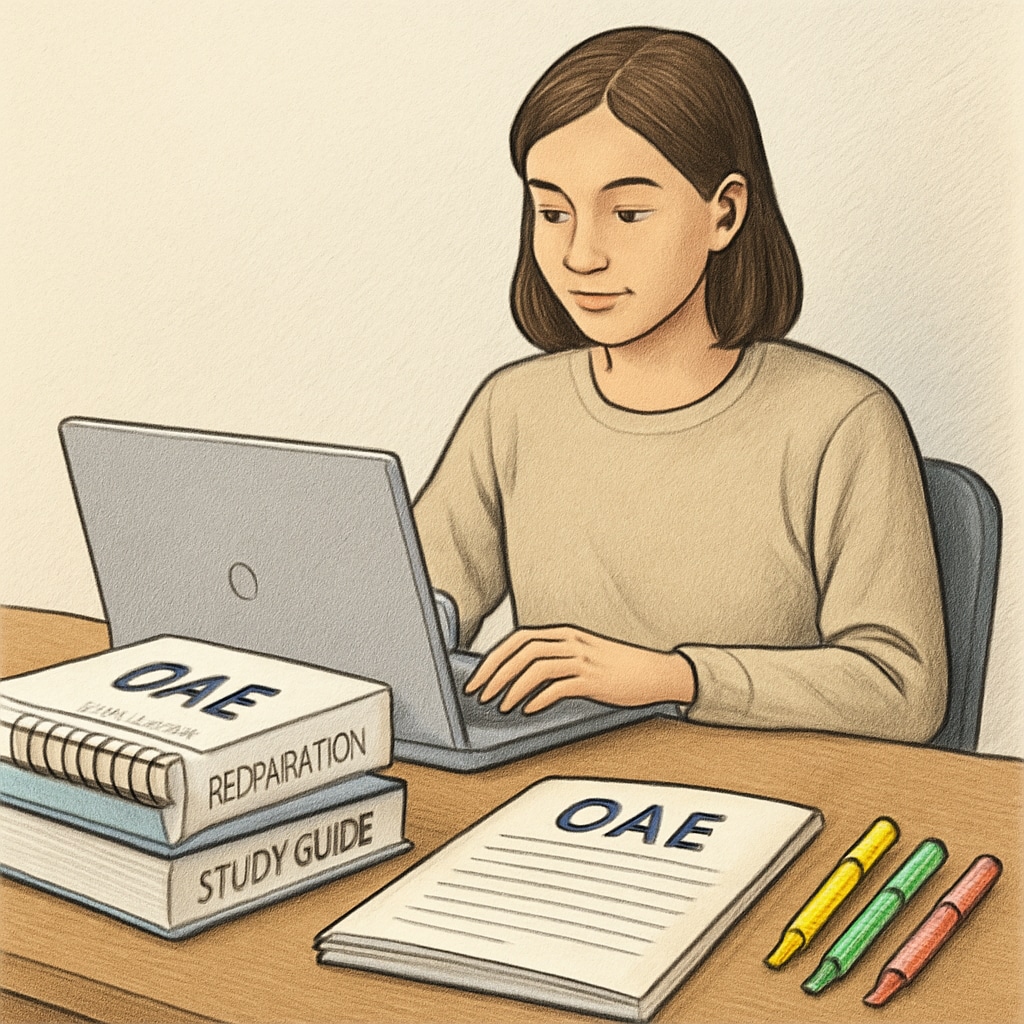 A student studying with OAE preparation books, sitting at a desk with a laptop and highlighters. Student preparing for the OAE exam with study materials.