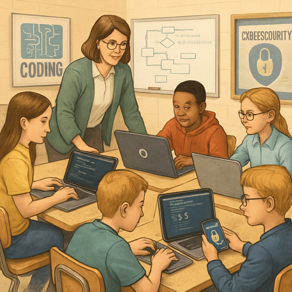 An image of K12 students participating in a coding workshop or cybersecurity competition, showcasing hands-on learning and teamwork. K12 students coding or engaging in cybersecurity activities to prepare for future careers.