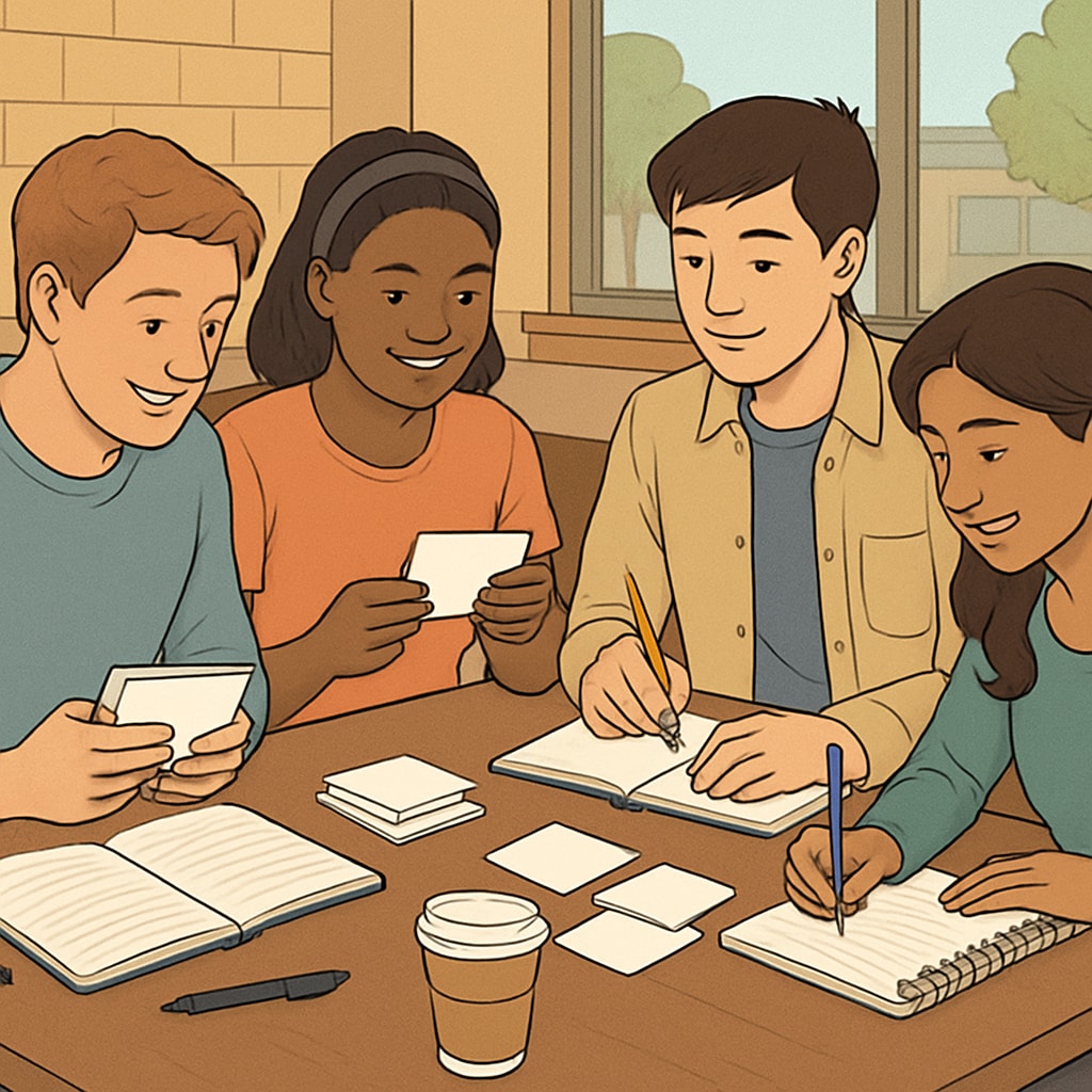 A group of students in a coffee shop reviewing educational flashcards and taking notes together. Students collaborating on OAE exam preparation in a study group.