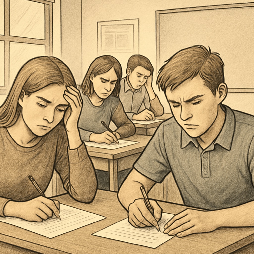 A group of students sitting in a classroom, looking stressed during an exam. Students experiencing academic anxiety during GCSE exams.