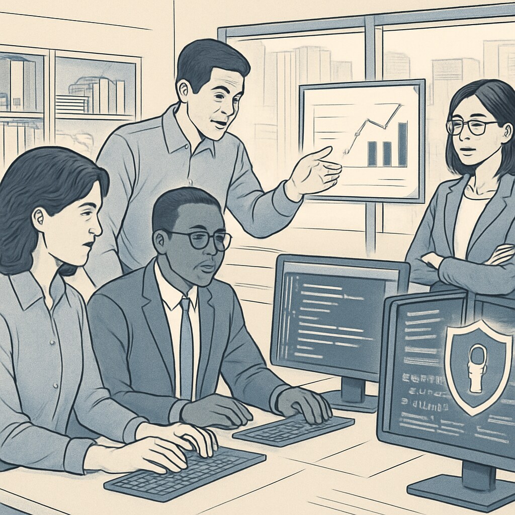 A professional team working on cybersecurity software in a modern office setting. Cybersecurity professionals analyzing software in an office setting.