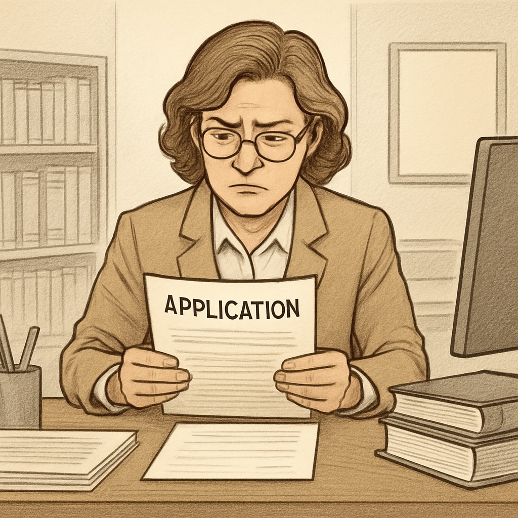 A concerned teacher reviewing application documents, reflecting the challenges of Oklahoma's political stance screening policy. Teacher reviewing documents related to Oklahoma's political stance screening policy.