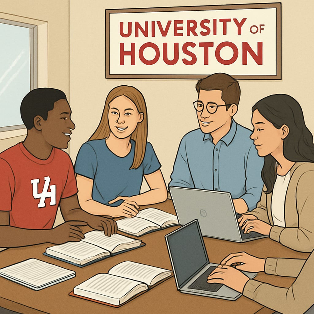 A group of University of Houston students collaborating in a study room, sitting around a table with textbooks and laptops. University of Houston students in a study group with laptops and books.