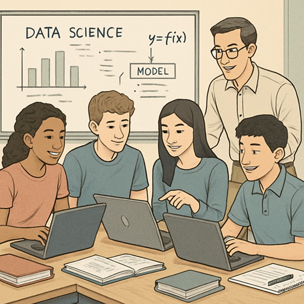A group of high school students participating in a coding workshop to learn data science basics. High school students coding data science projects during a workshop.