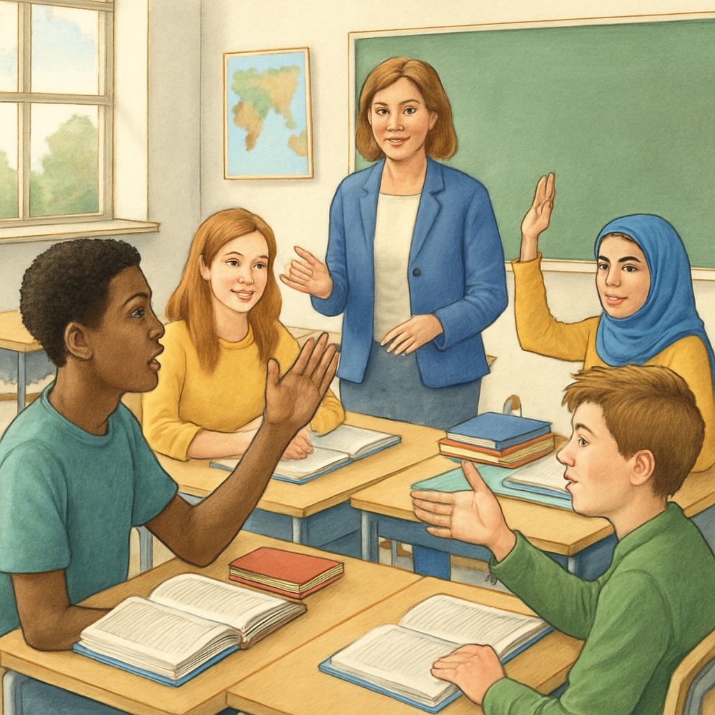 Students in a classroom engaging in diverse discussions, symbolizing the importance of varied perspectives in education. Students discussing diverse perspectives in a classroom setting.