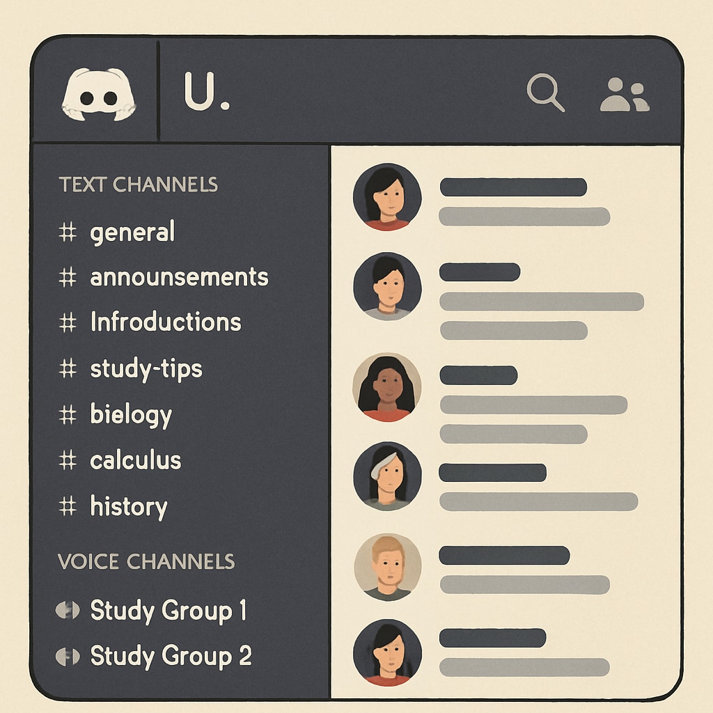 A screenshot of a Discord server used by University of Houston students, showing organized channels for study topics and group discussions. Discord server with study-related channels for University of Houston students.