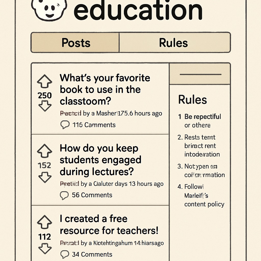 A screenshot of a Reddit education subreddit with visible posts and rules section, showcasing community engagement. A Reddit education subreddit with community rules and posts promoting K12 learning resources.