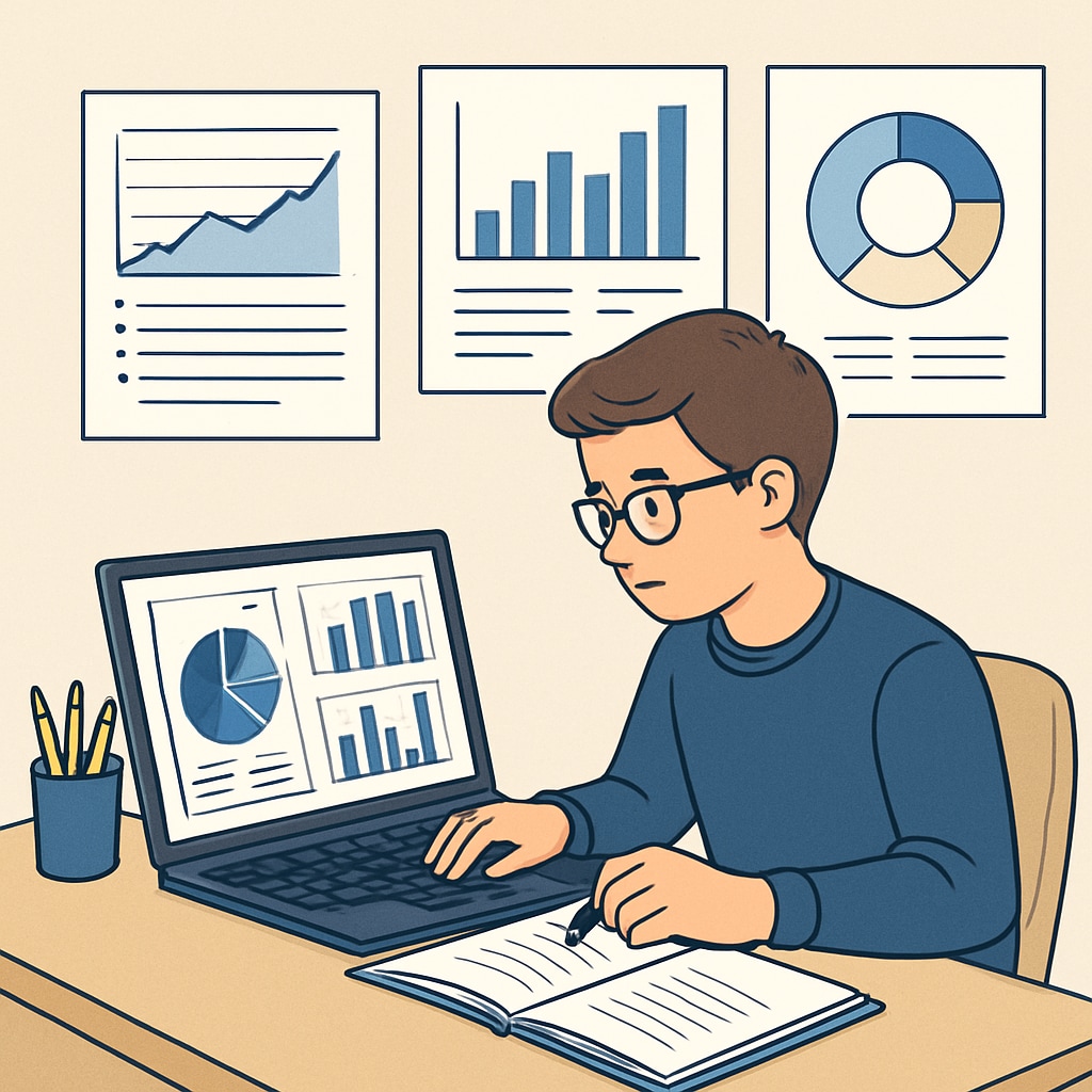 A close-up of a student working on a data analysis project, with charts and graphs displayed on a laptop screen. Student analyzing data with charts and graphs on a laptop screen