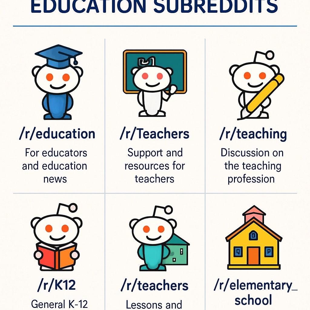 An infographic showcasing popular education subreddits with logos and brief descriptions, highlighting K12 learning opportunities. Infographic of popular Reddit education subreddits with brief explanations related to K12 education.