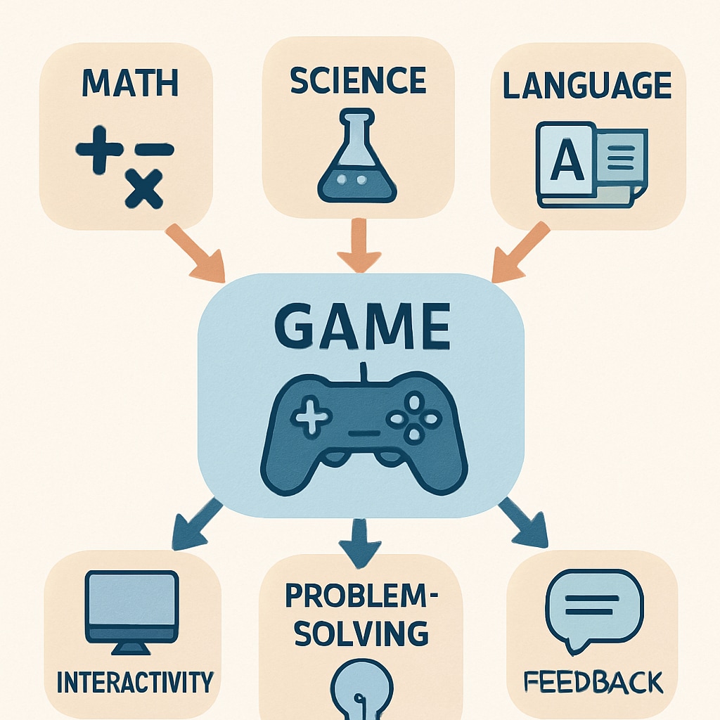 Diagram of game-based learning integrating academics with gameplay.