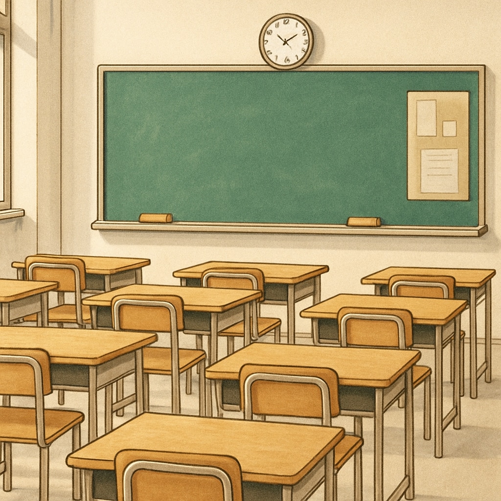 A classroom with empty desks and a chalkboard, symbolizing the absence of teachers during a coordinated protest. Empty classroom showing the impact of Teacherless Tuesday on schools.