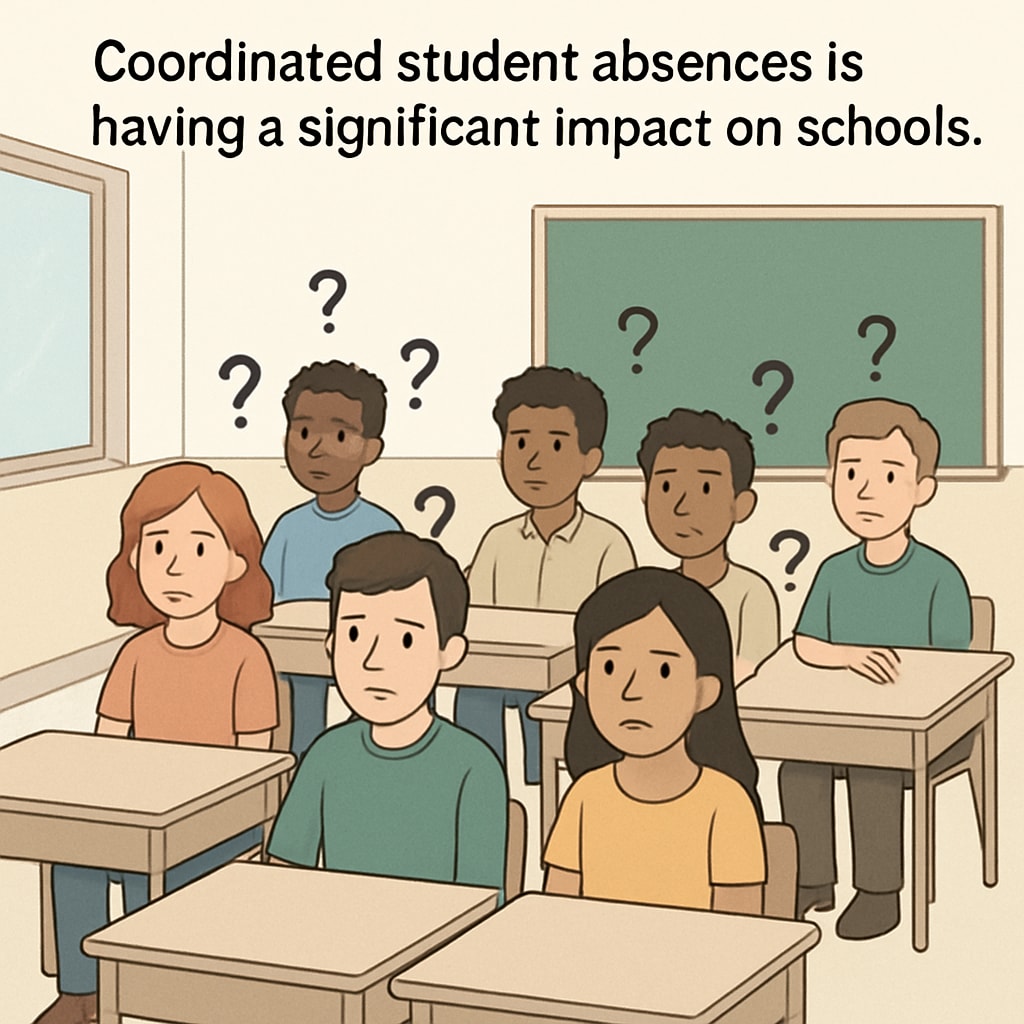 A group of students sitting in a classroom looking confused and without a teacher, illustrating the impact of coordinated absences. Students in a classroom affected by Teacherless Tuesday.