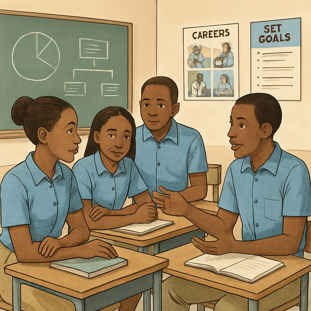 A group of Malian high school students discussing career options in a classroom setting. Malian students exploring career paths in a classroom.