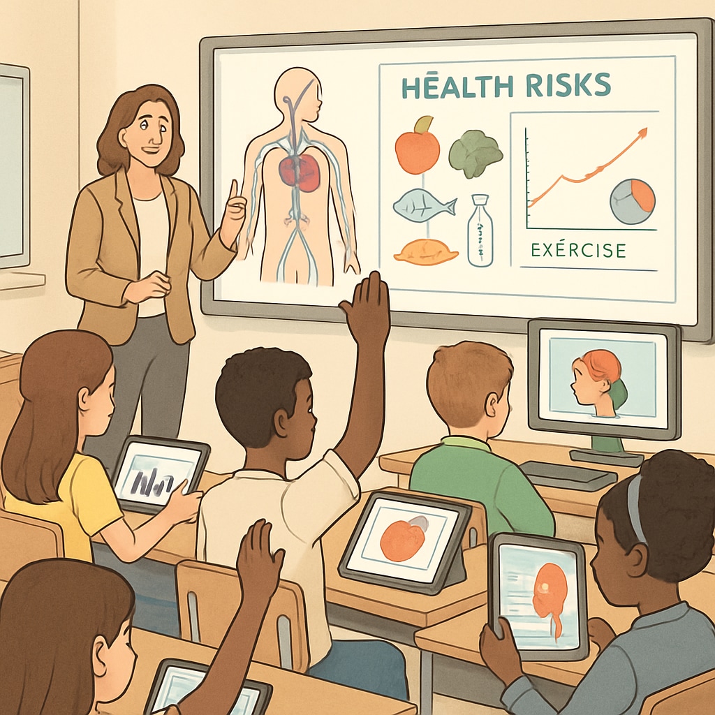Students in a classroom using digital tools to learn health-related topics, tied to medical education resources for non-medical audiences.