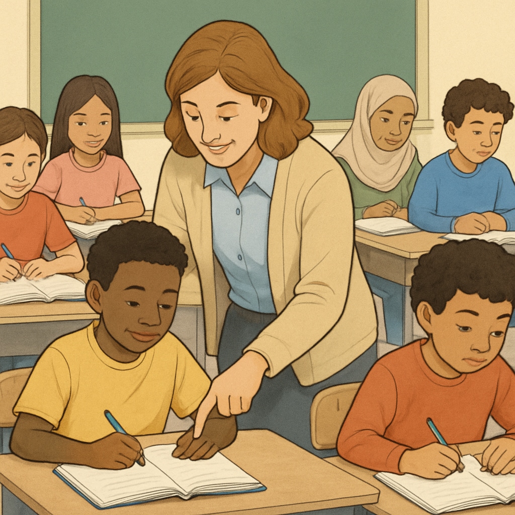 A classroom setting with diverse students, including one receiving personalized support, highlighting inclusivity in the education system. Inclusive classroom supporting students with learning disabilities.