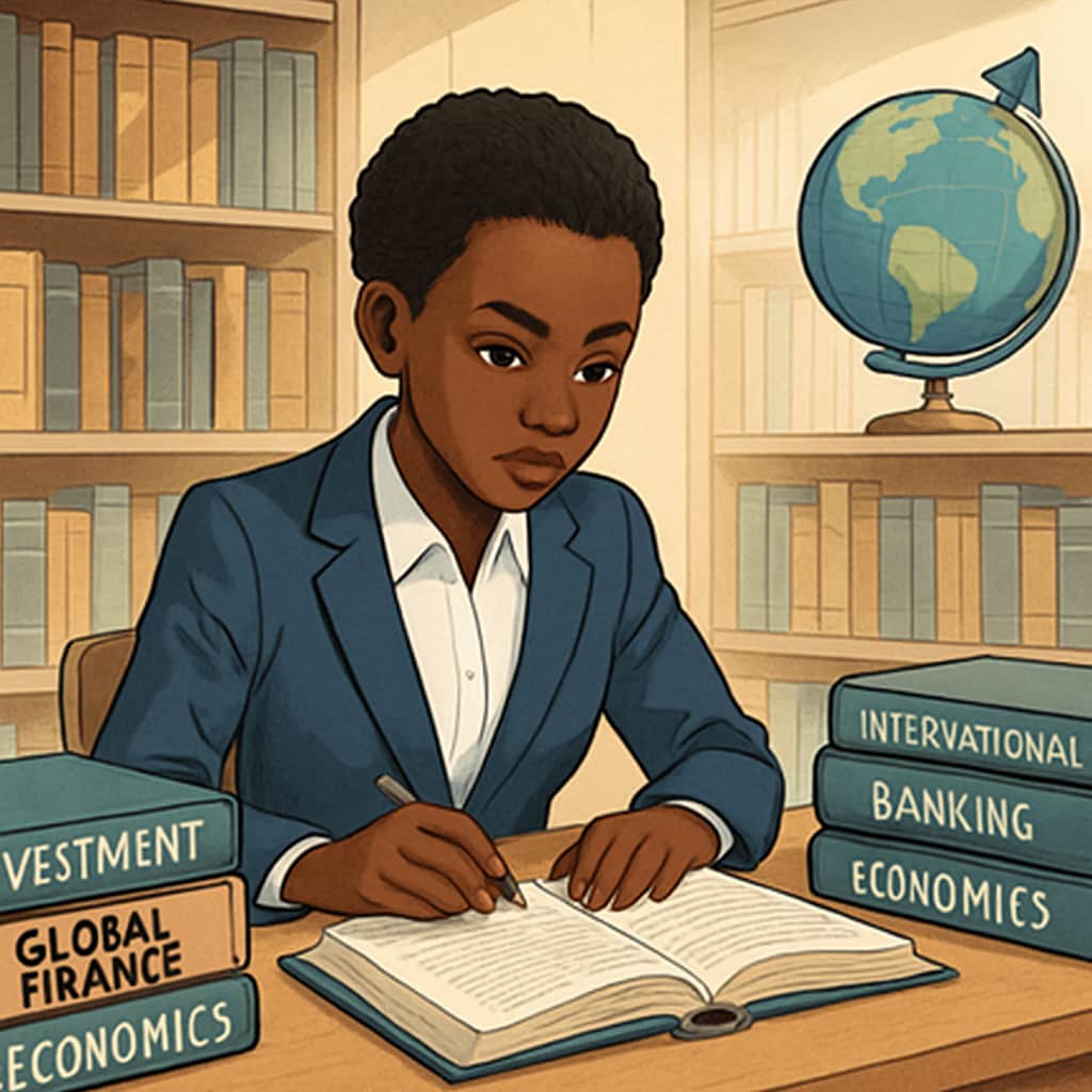 A young Malian student in a library with books on global finance, symbolizing ambition and growth. A Malian student studying global finance in a library.