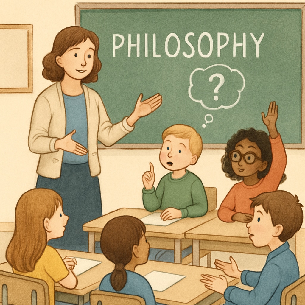 A classroom setting where children are engaged in a philosophical discussion led by a teacher. The image captures the interactive nature of philosophy education. Philosophy teacher guiding students in a classroom discussion as part of social experiments.