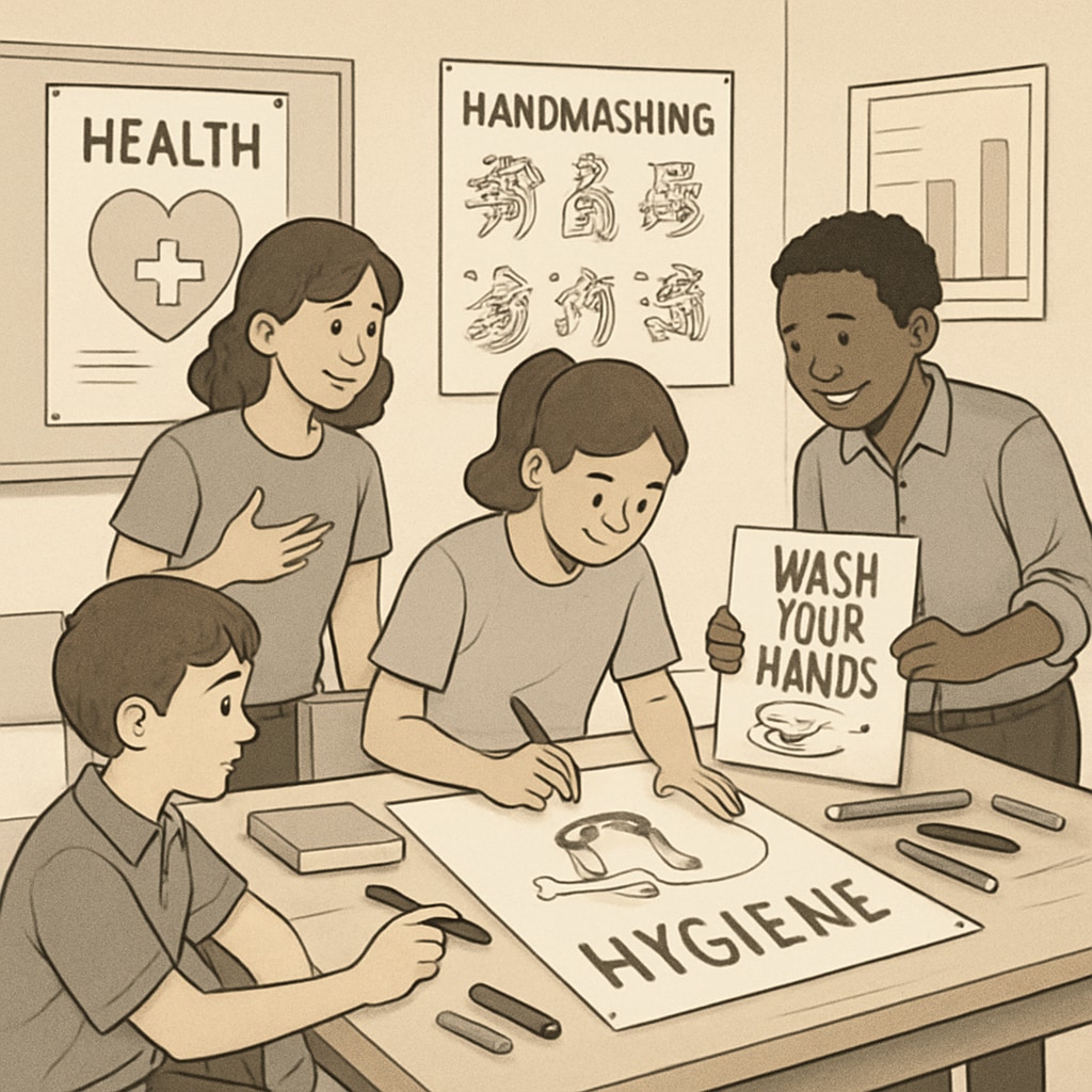 Group of students creating posters related to hygiene during a health education project in K12 learning.