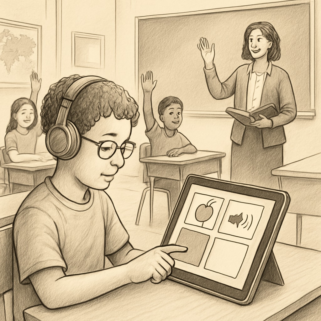 A student with a learning disability using assistive technology in a classroom, demonstrating the importance of accessible resources. Assistive technology aiding students with learning disabilities.