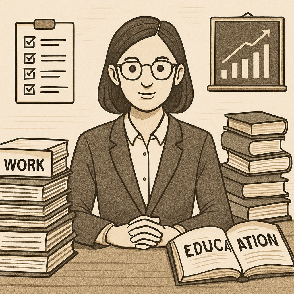 A professional juggling work documents and study materials, symbolizing the balance between career and education. A professional balancing work and study for master's degree and career growth.
