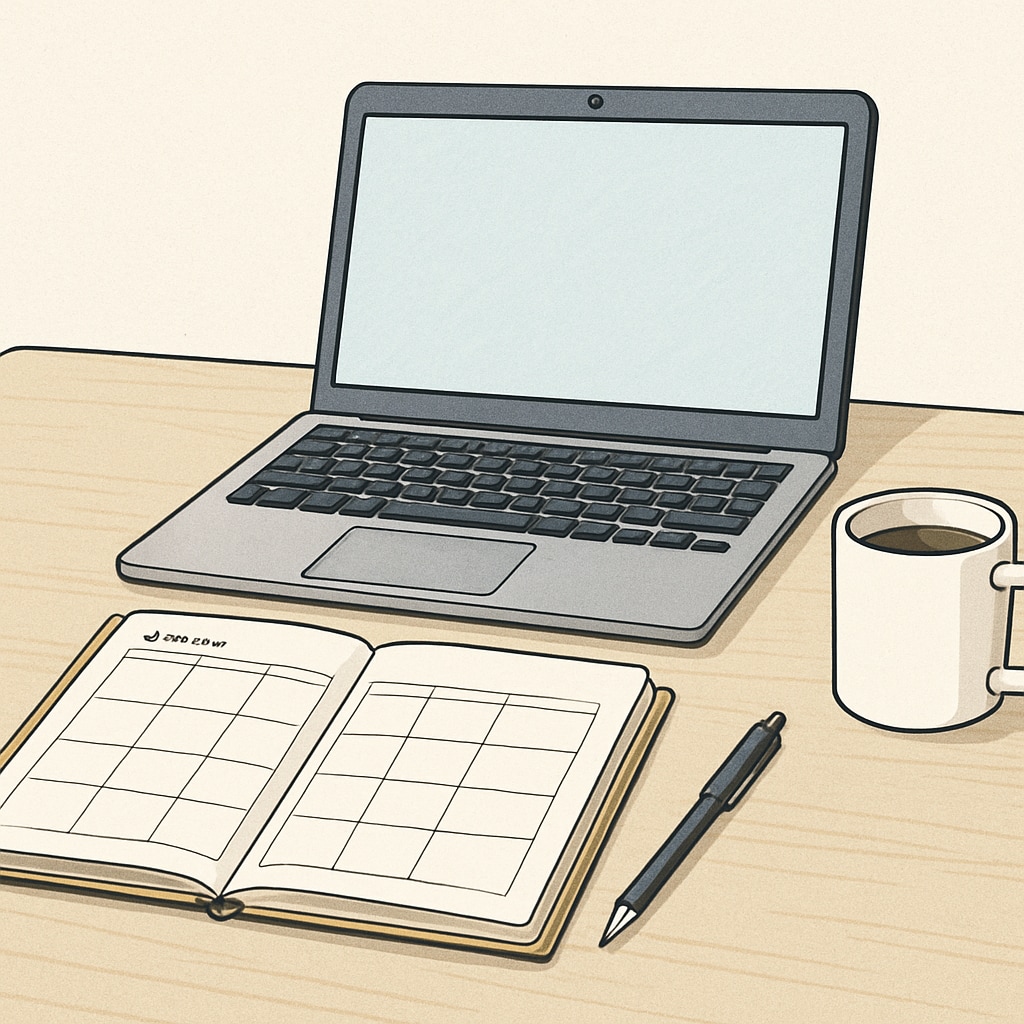 A clean desk setup with a laptop, planner, and coffee mug, representing an organized workspace for study and work. Organized workspace for managing time while pursuing a master's degree and career.