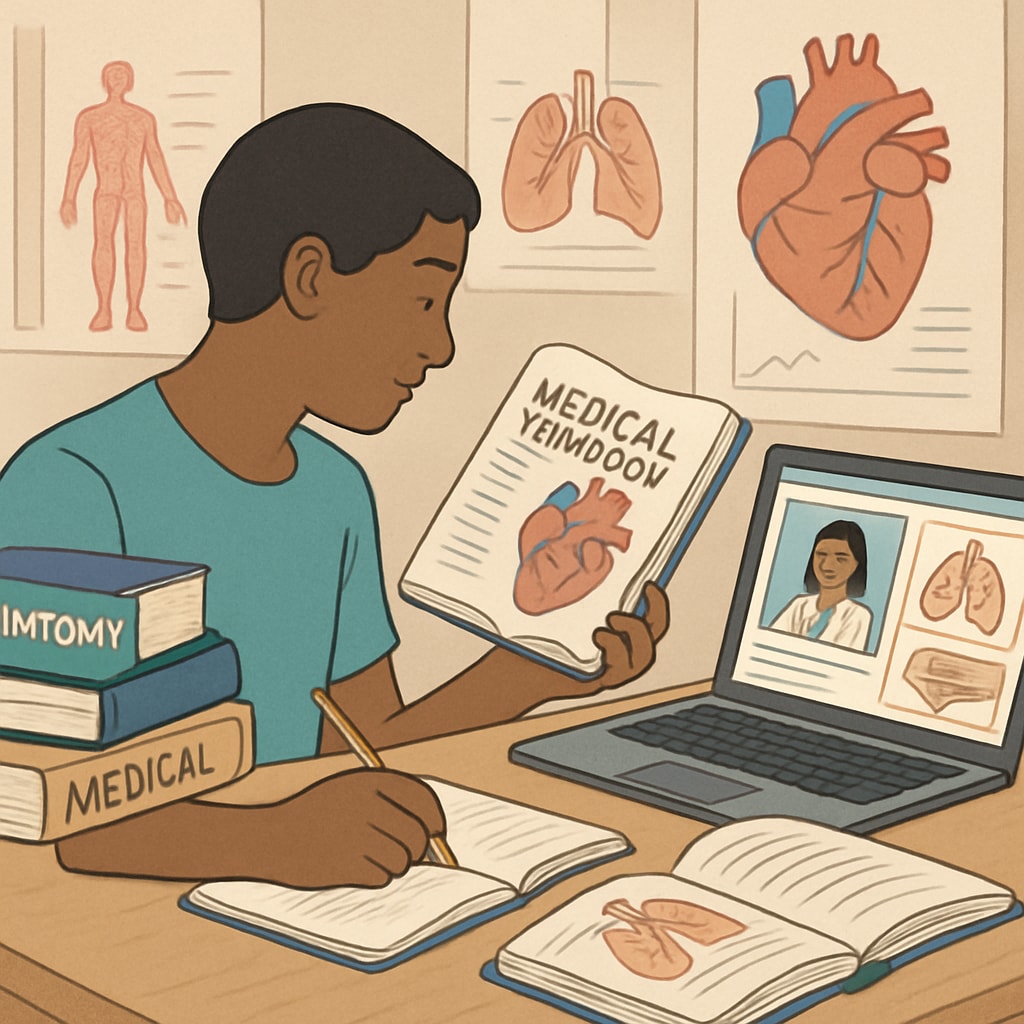A person studying medical textbooks and using an online course platform. The setting emphasizes interdisciplinary learning. A learner accessing online medical education resources.