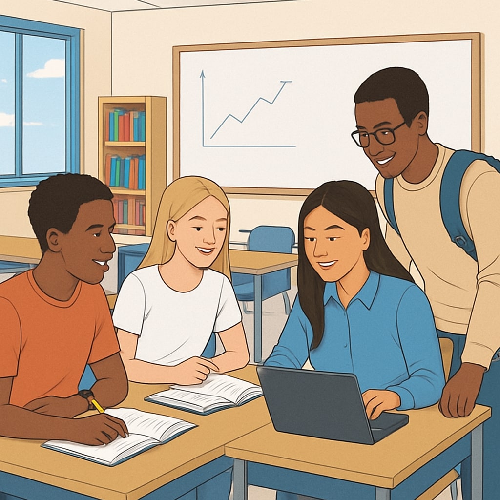 A group of diverse students in a modern classroom setting, symbolizing inclusivity and real-world learning. Students in a classroom, representing inclusivity and modern education.