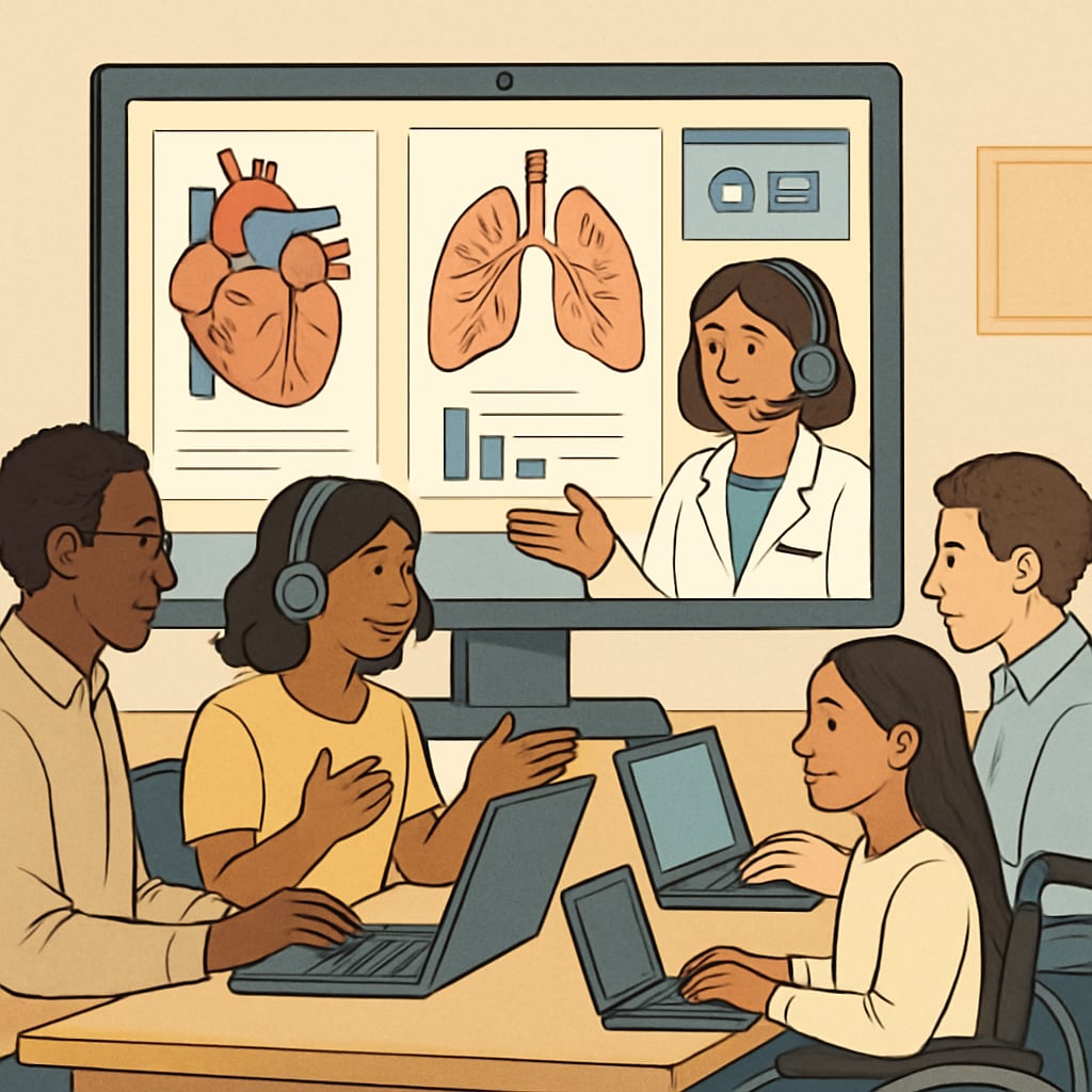 A diverse group of learners participating in an online medical education webinar. The image highlights collaboration and accessibility. Learners in an online medical education webinar.