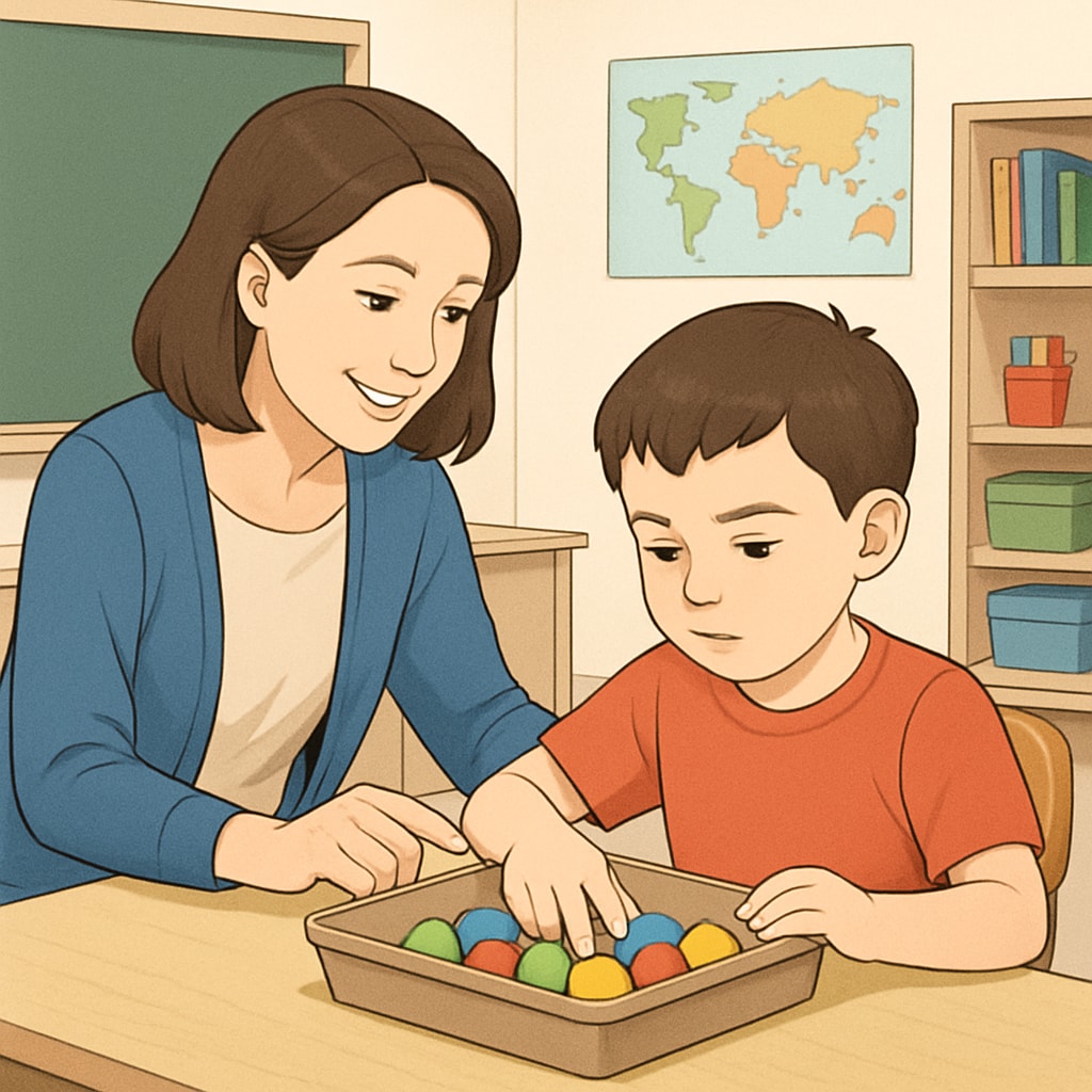 A classroom environment showing a teacher assistant helping a child with autism complete a sensory activity. The child appears focused and engaged. Special education teacher assistant helping a child with autism during a sensory activity.