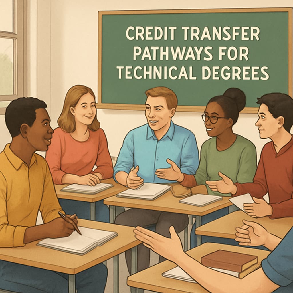 A university classroom with students discussing credit transfer pathways for technical degrees. Students in a classroom discussing automotive technology credit transfer options.