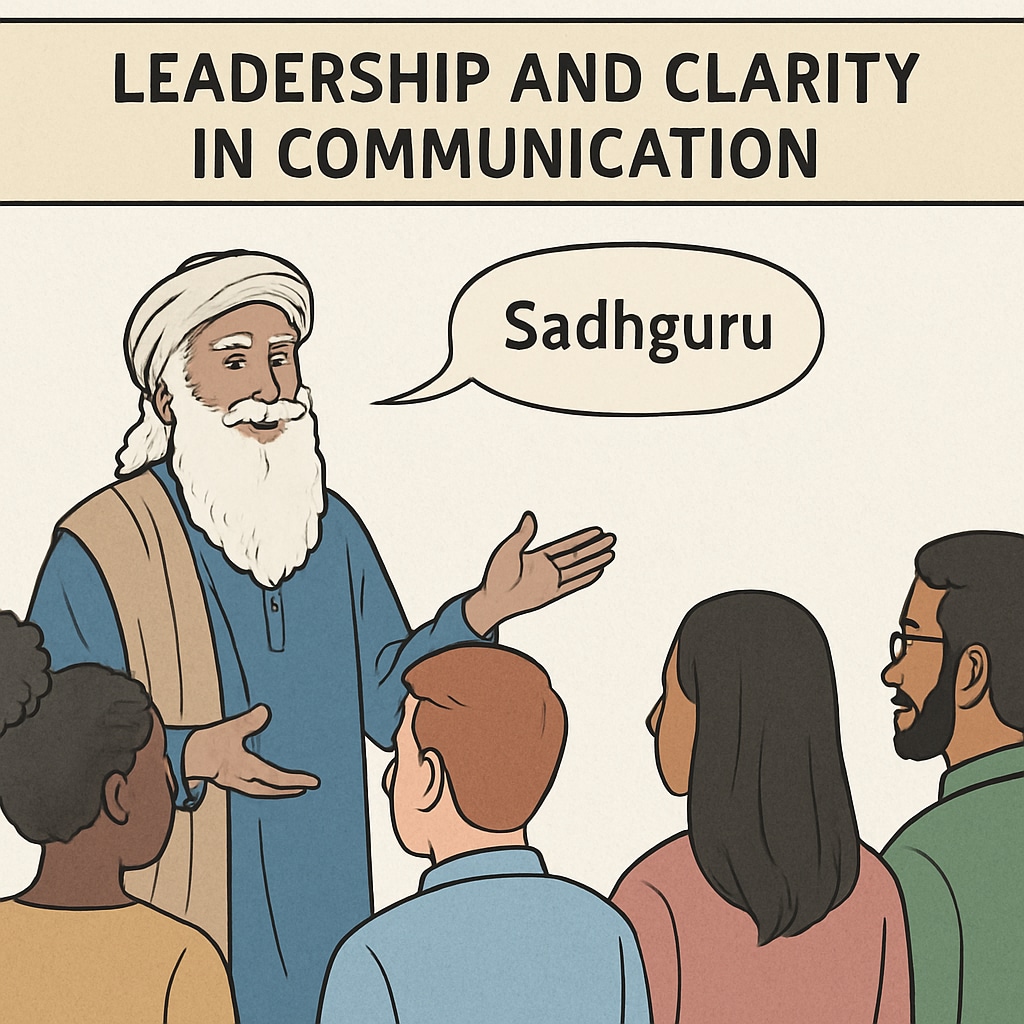 An inspiring image of Sadhguru addressing a diverse audience, emphasizing leadership and clarity in communication. Sadhguru discussing leadership traits and effective communication with an audience.