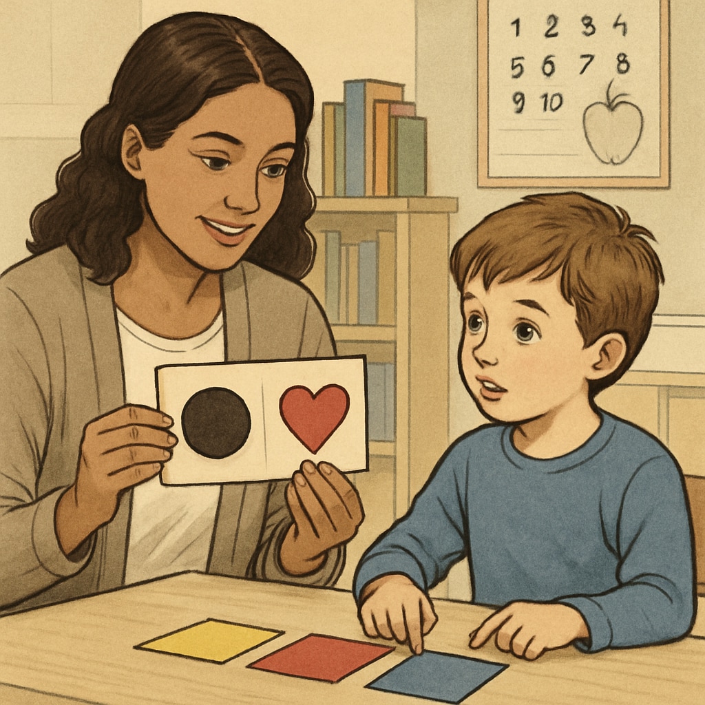Close-up of a teacher assistant using visual aids with a child during a learning activity. The child looks curious and attentive. Teacher assistant using visual aids with a child in autism education.