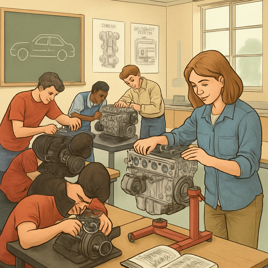A professional automotive technology classroom with students working on car engines, emphasizing practical skills development. Automotive technology classroom illustrating hands-on education for military personnel.