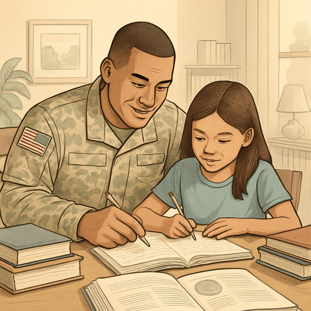 A military parent studying alongside their child at home, showing the balance between education and family life. Military parent balancing education with family responsibilities at home.