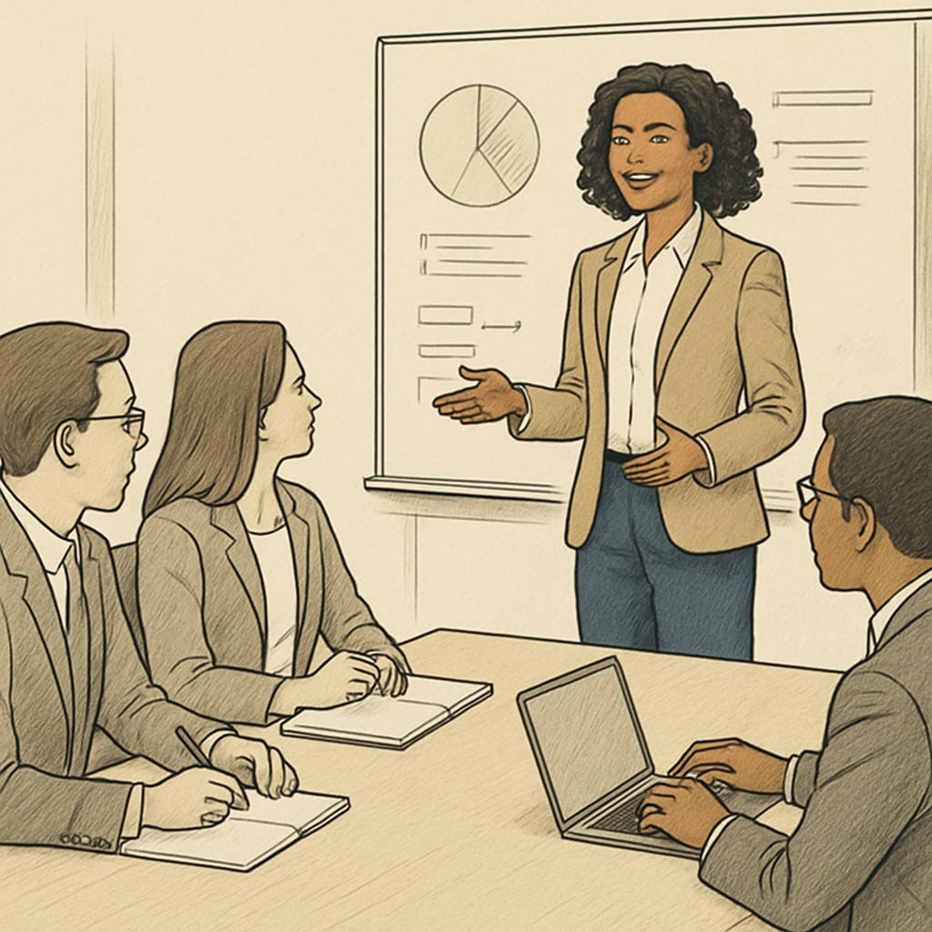 A professional woman entrepreneur addressing her team confidently, inspired by Sadhguru's communication techniques. Woman entrepreneur demonstrating leadership and communication skills in a business setting.