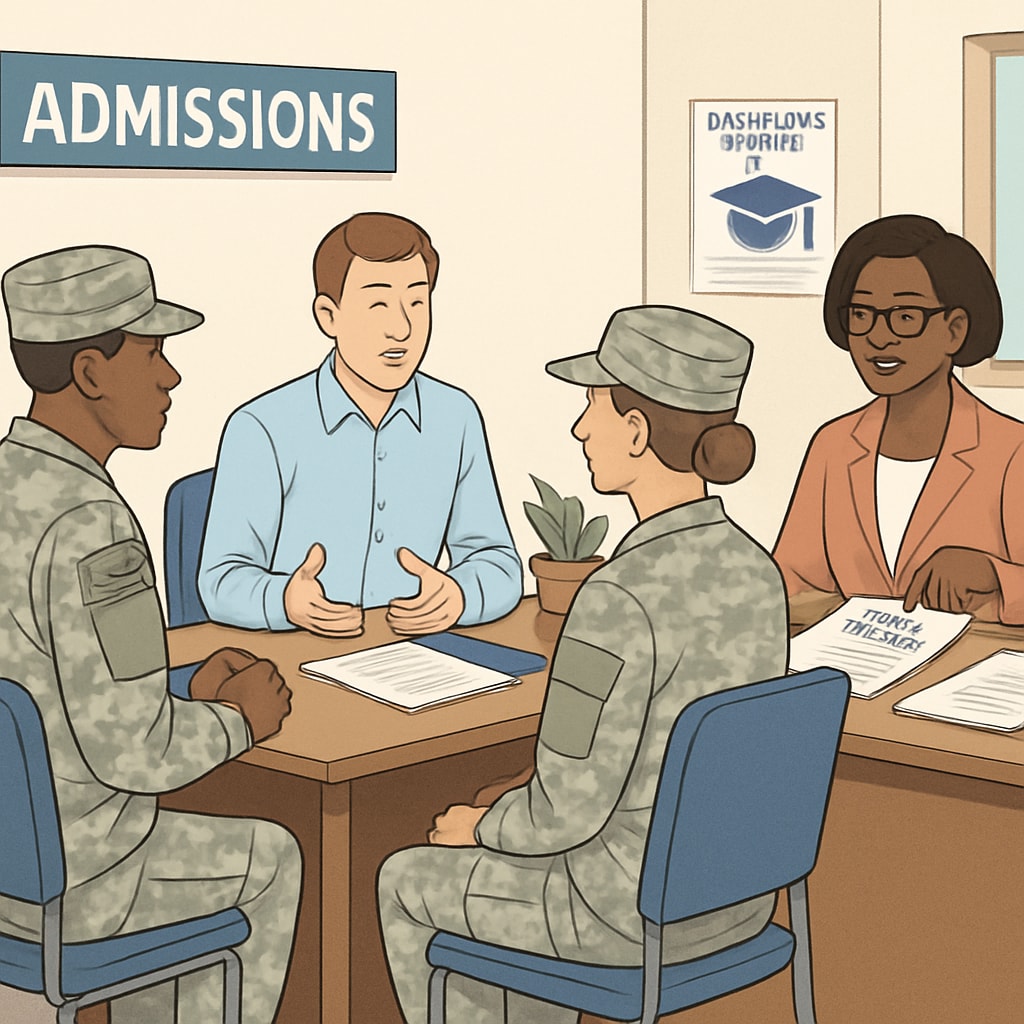 A university admissions office with military personnel discussing credit transfer options for a bachelor's degree. Military personnel in admissions office discussing automotive technology degree credit transfers.