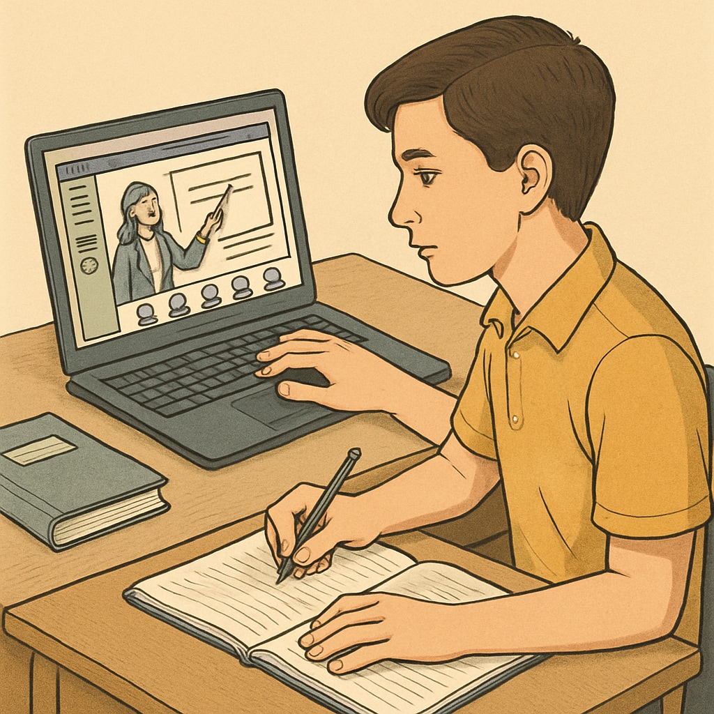 A high school student using an online learning platform, sitting at a desk with a laptop and notebook. High school student accessing extracurricular learning resources online.