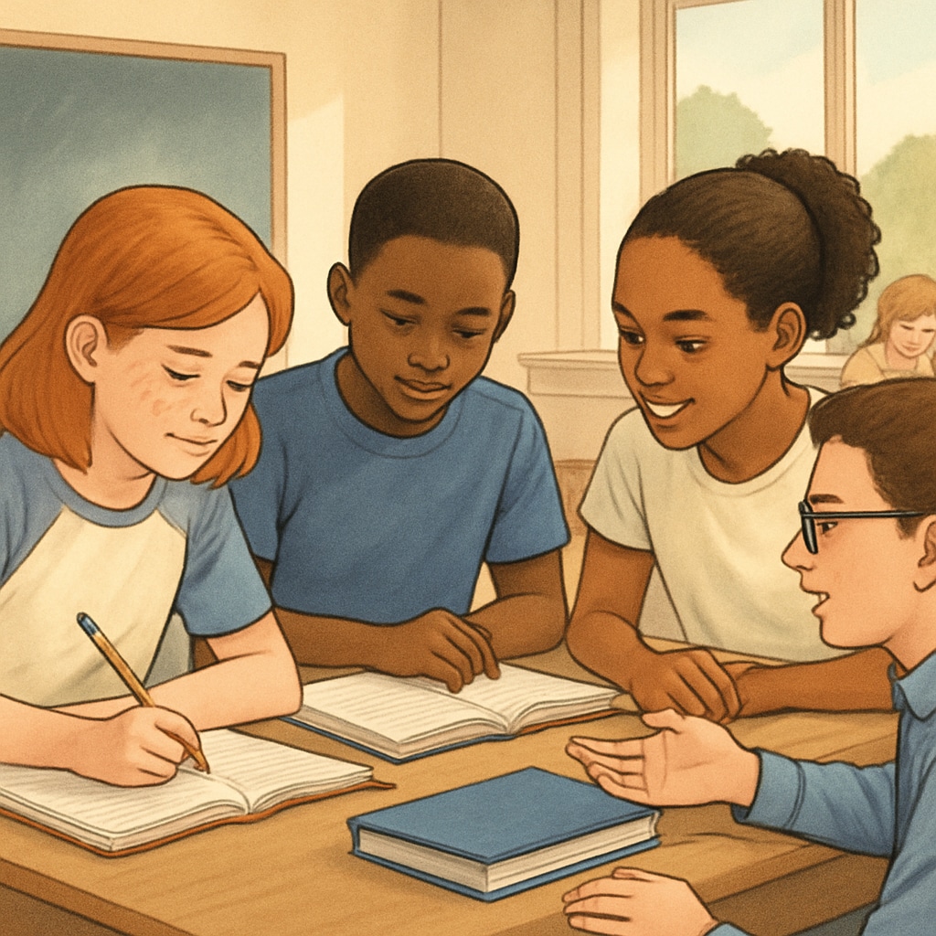 Students in an American classroom engaging in group activities, reflecting equality-focused education.