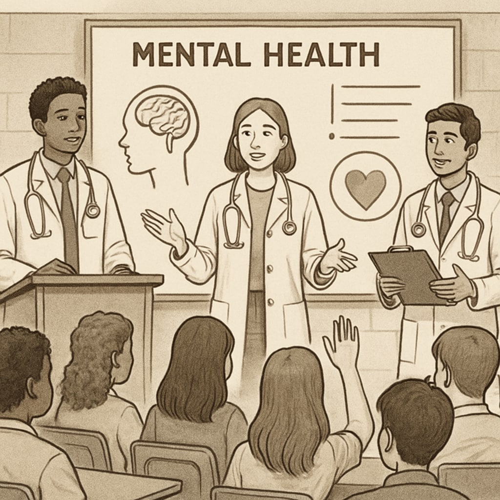A group of medical students giving a mental health presentation to a high school audience. Medical students presenting a mental health assembly to high school students.