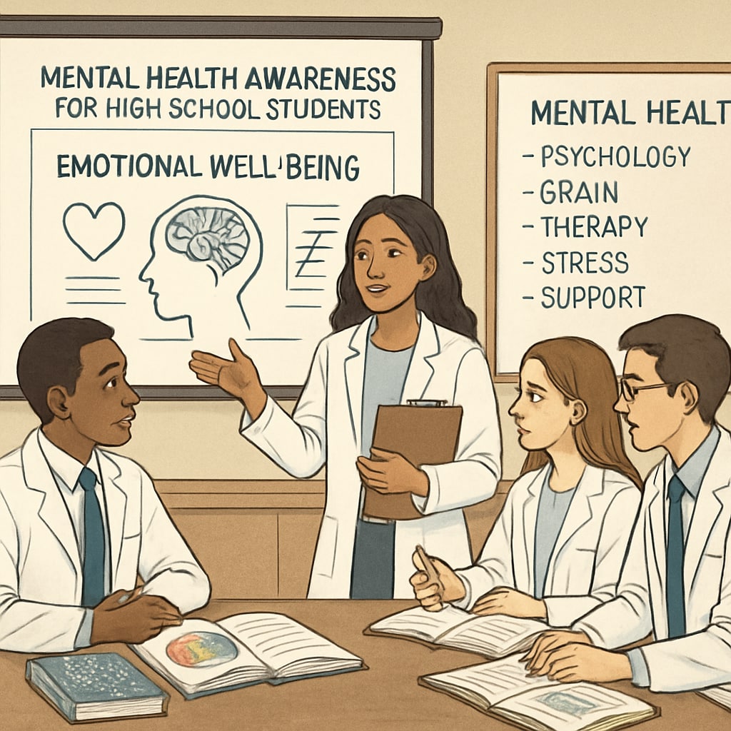 A group of medical students preparing a presentation for high school students, focused on mental health awareness. Medical students preparing a mental health presentation for high school students.