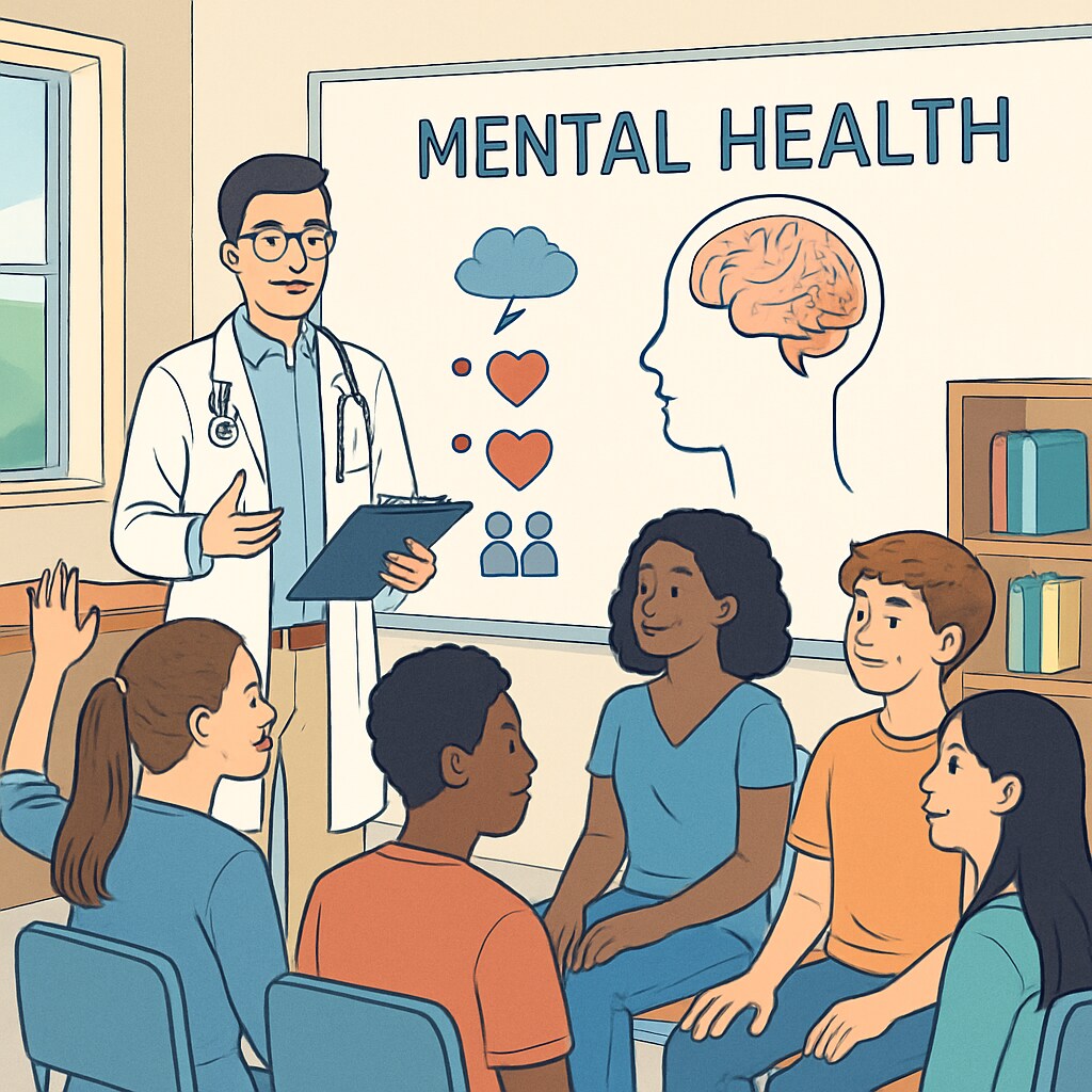 A medical student leading an interactive mental health workshop with teenagers. Medical student conducting a mental health workshop for teens.