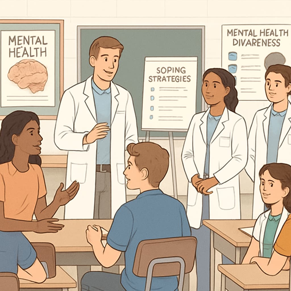 Medical students conducting an interactive workshop on mental health with high school students, using visual aids and engaging activities. Medical students leading an interactive mental health workshop for high school students.