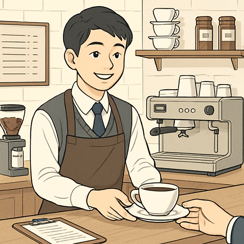 A high school student working part-time in a coffee shop, smiling while serving a customer. This image represents the balance between academics and employment. High school student working part-time in a coffee shop