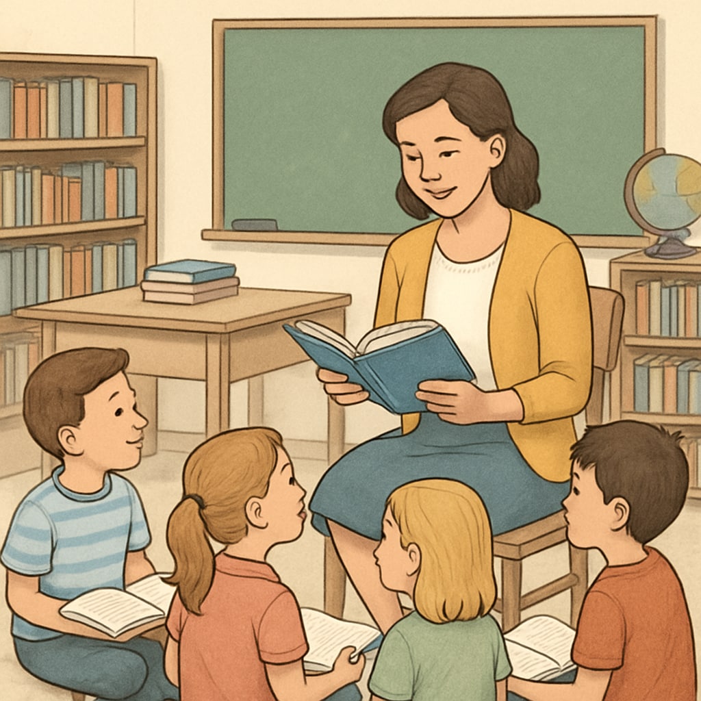 A teacher reading with young students in a classroom setting, illustrating engagement in reading activities. Teacher engaging in reading activities with students, focusing on comprehension and text complexity.